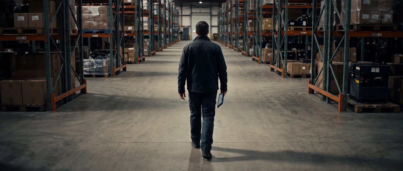 An operations manager walking a warehouse aisle