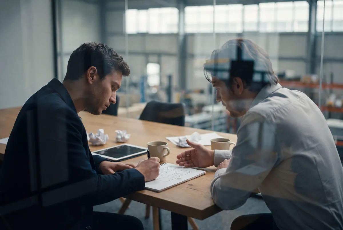 Two leaders working through a plan at a table