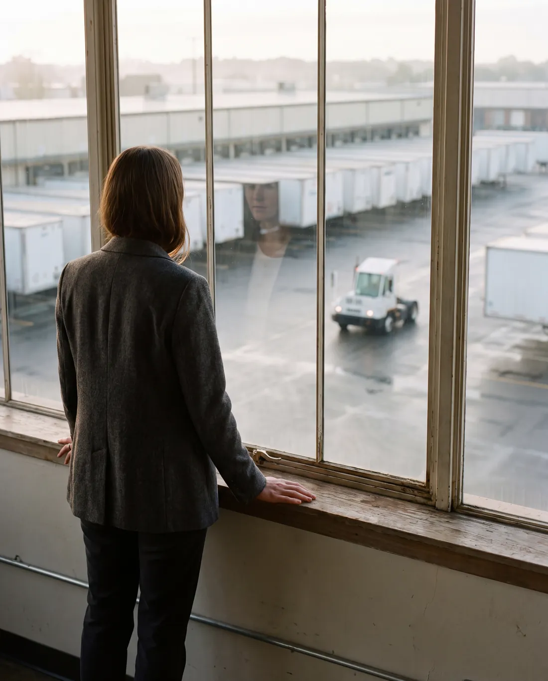 An operations leader at a warehouse window, looking out over the loading yard