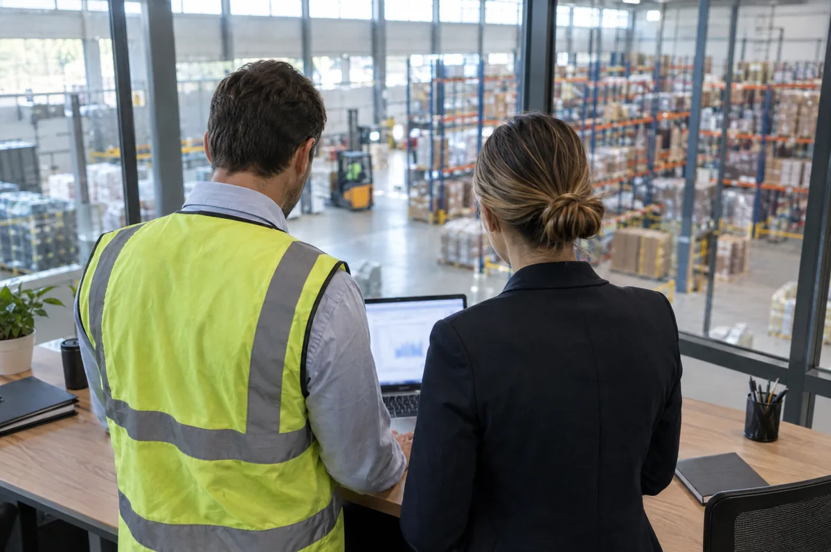 Two people at a laptop in a logistics office, the warehouse floor behind the glass
